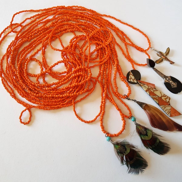 Orange seeds beads long necklace, halloween Bohemian gypsy jewelry, Boho guitar, geometric, feather, libelle, University Tennessee, Kingsday