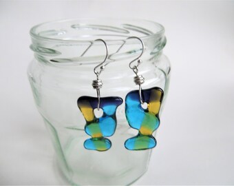 Fused Glass Dangle Earrings, Sterling Silver 925, Colorful Handmade Jewelry
