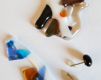 Fused Glass Brooch and Sterling Silver Earrings, Black and White Jewelry