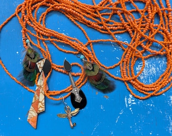WK orange Seed Bead Long Necklace, Bohemian Pendants, Kingsday Jewelry