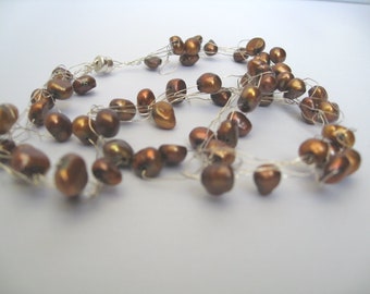 Handmade Sterling Silver Knitted Necklace with Brown Pearls