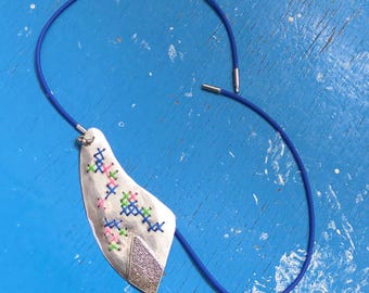 Handmade embroidered Fine Silver Necklace in blue, Bohemian Jewelry