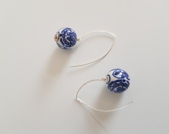 Long Delfts Blue Silver earrings with Chinese Character "longivity " jewelry", Meaningful gift, ear-jewelry sterling 925 Ceramic Blue White