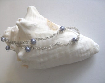 Handmade Silver Knitted Necklace with Blue Lilac Pearl Beads