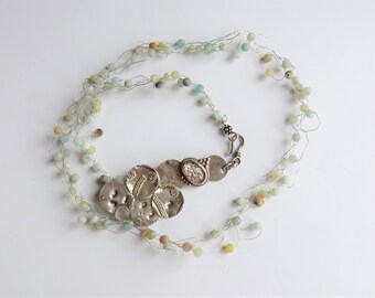 Amazonite Bib Necklace, Sterling Silver 925, Fork Knit Jewelry