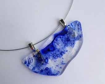 Blue Bubble Glass jewelry, Statement fused Glass-art necklace, Dutch Design pendant, madebymirjam Netherlands