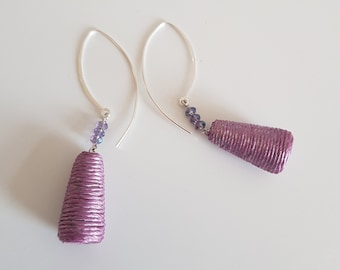 Long purple paper silver earrings with Quartz stones, Artistic Natural Jewelry from the Netherlands