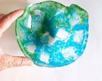 Handmade Turquoise Glass Bowl, Fused Glass Ring Dish, Unique Jewelry Holder
