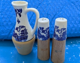 Delft Blue Salt Pepper Shakers and Vinegar Jug, Japanese Scene, Vintage Kitchen Decor