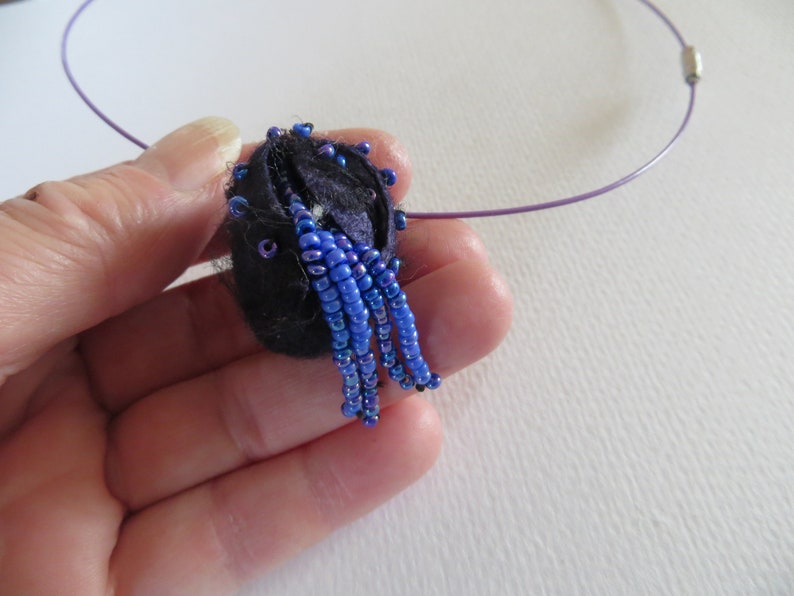Silk cocoon necklace, Bohemian natural jewelry in Purple Blue Bells, Handcrafted gift for women in Gothic style, Dangle flower image 5