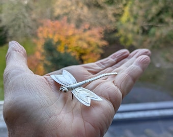 Art Nouveau 925 Silver Dragonfly Pin, Handmade Insect Brooch