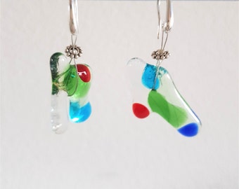 Fused glass earrings in blue, green, red and Silver 925 Glass-Jewelry, Petit Dangle glass-earrings art Netherlands