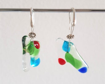 Fused Glass Dangle Earrings, Blue Green Red, Sterling Silver 925