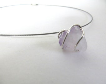Raw Amethyst Silver Wrapped Pendant Necklace, February Birthstone