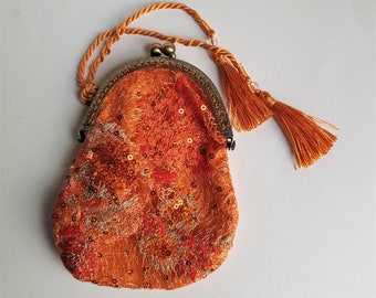 Handmade Lace Coin Purse in green and orange, Kiss-Lock Clutch, Amulet Bag