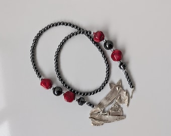 Unique black and red toggle clasp necklace, as a showpiece and closure of the jewelry, which you wear at the front, Handmade.