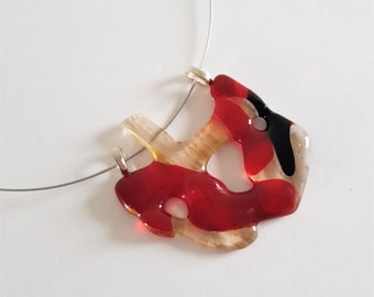 Big glass pendant in Red and colored Gold, statement fused glass art pendant, Dutch Design with a Silver colored necklace