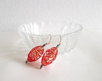 Handmade Sterling Silver Red Glass Earrings, Stylish Long Dangle