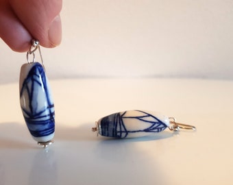 Sailingboat Delfts Blue ceramic boat silver earrings from the Netherlands OOAK Artistic blue white earrings, Bohemian hippie chic beachie