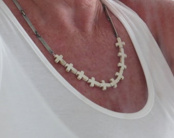 Steel Cross Necklace and Silver Earrings, White Howlite Jewelry Set