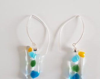 Fused Glass Dangle Earrings, Silver 925, Colorful Handmade Jewelry