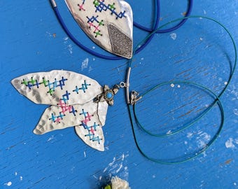 Handmade embroidered Fine Silver leaf Necklace, Bohemian Jewelry