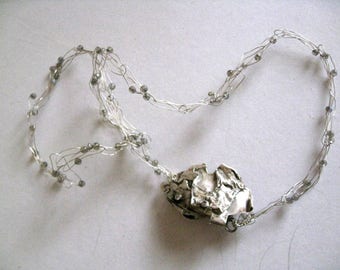 Handmade Sterling Silver Knit Necklace, Gray Chrysolite Beads, Bib Jewelry
