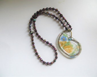 Fused Glass art flowers necklace, glassfusing jewelry, Dutch Design, statement chain  Netherlands madebymirjam