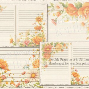 Könnte beinhalten: Papier im Vintage-Stil mit linierten Seiten und floralen Akzenten. Das Design zeigt orange und gelbe Rosen, Gänseblümchen und andere Blumen. Der Text "Double Pages on A4/US Letter (landscape) for seamless printing" ist sichtbar.