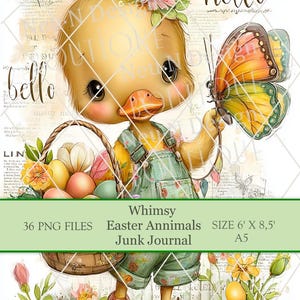 Könnte beinhalten: Eine skurrile digitale Illustration eines Entleins in Latzhosen, das einen Korb mit Ostereiern und einen Schmetterling hält. Das Bild enthält die Texte "hello" und "bello" sowie die Worte "Whimsy Easter Animals Junk Journal".