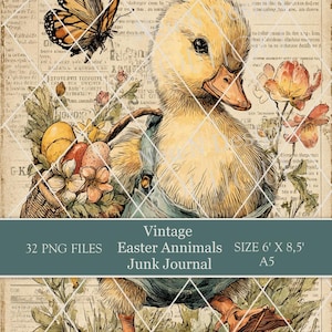 Könnte beinhalten: Vintage digitale Illustration eines gelben Entchens mit blauer Latzhose, Schmetterling und einem Korb mit Ostereiern. Der Hintergrund ist gealtertes Papier mit floralen Details. Text: "Vintage Easter Animals Junk Journal", Größe 15,24cm x 21,59cm.