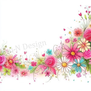 May include: Watercolor floral design featuring pink roses, daisies, and other flowers in shades of pink, blue, and yellow. The design includes green leaves and small pink hearts, with the text "N Design" visible.