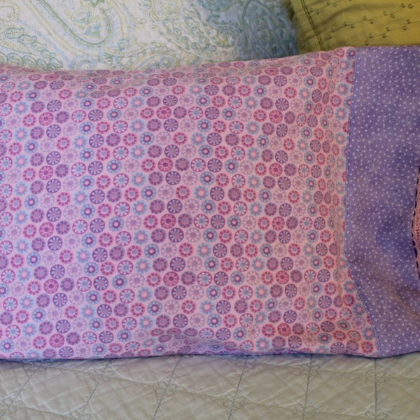 Handmade Pillow and Pillowcase in Pink and Purple Flannel for Baby, Toddler, and Travel...crocheted edging....free shipping