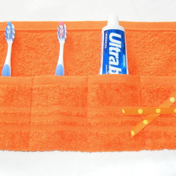 Terrycloth Toothbrush and Paste Travel Roll in Tangerine Orange...A Pinterest Favorite...great little gift...free shipping
