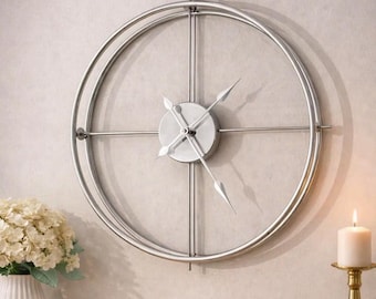 Minimalist Silver Wall Clock 24 Inch Modern Double Ring Large Silent Home Decor Gift