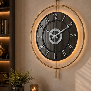 May include: A large circular wall clock featuring a black face with silver numerals from 1 to 12, surrounded by a thin gold-toned metal frame with integrated backlighting. The clock includes a central silver dial and a vertical gold pendulum rod.