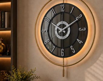 Grote led-wandklok, gouden metalen frame, gespiegelde wijzerplaat, housewarmingcadeau