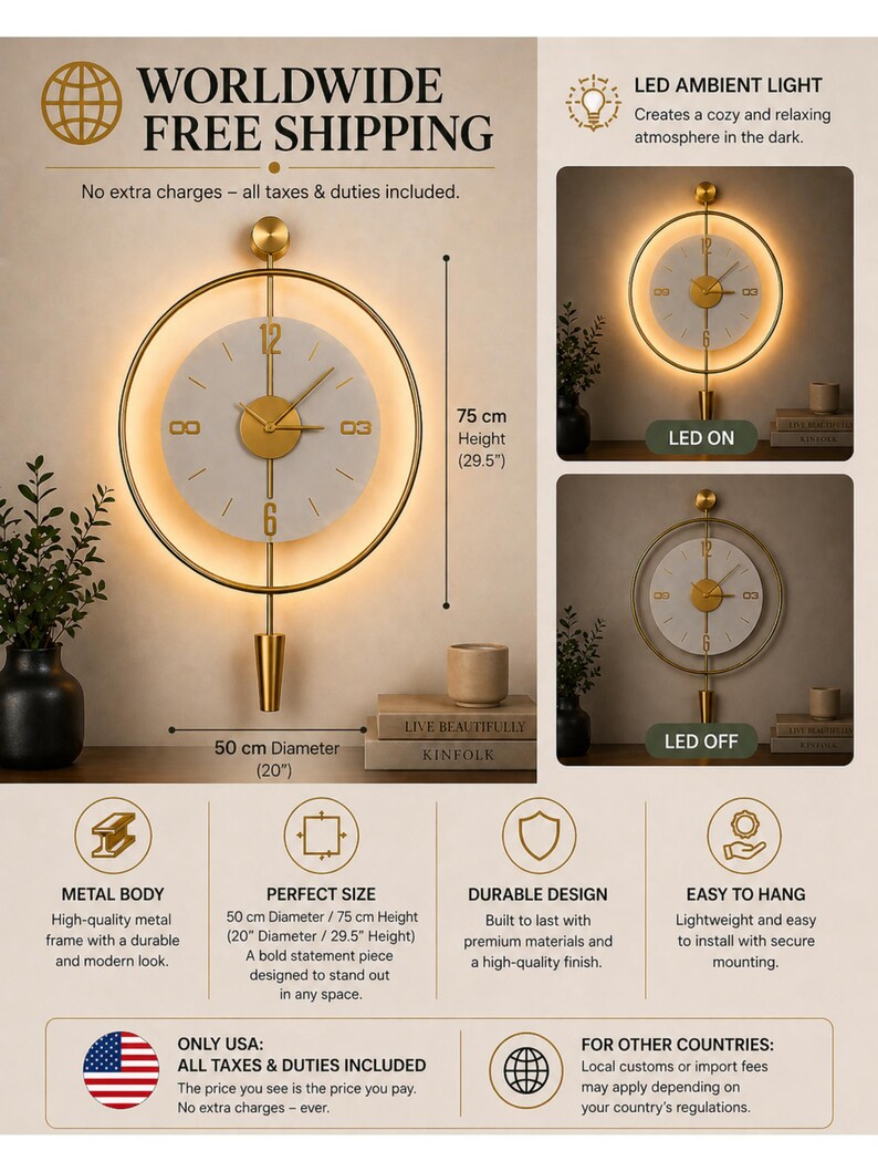 Metal Clock Rings Large Gold Wall Clock, Modern Metal Ring Design, Silent Quartz, Luxury ...