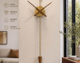 Large Mid Century Modern Pendulum Wall Clock 34 Inch Wood Brass Silent Statement Decor