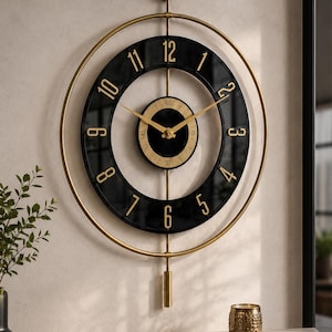 LED Wall Clock, Black Glass Design, Gold Metal Frame, Silent Movement, Large Decor