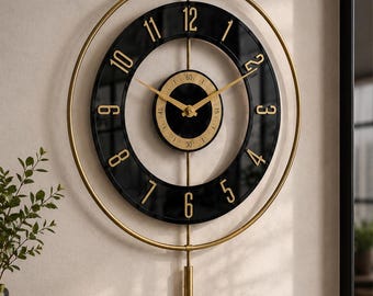 LED Wall Clock, Black Glass Design, Gold Metal Frame, Silent Movement, Large Decor