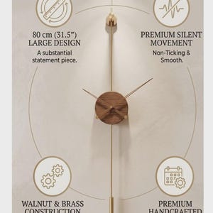 May include: A modern wall clock with a walnut wood face and brass accents. The clock is 31.5 inches in diameter and features a silent movement. The design includes the text "WALNUT & BRASS CONSTRUCTION" and "PREMIUM HANDCRAFTED".