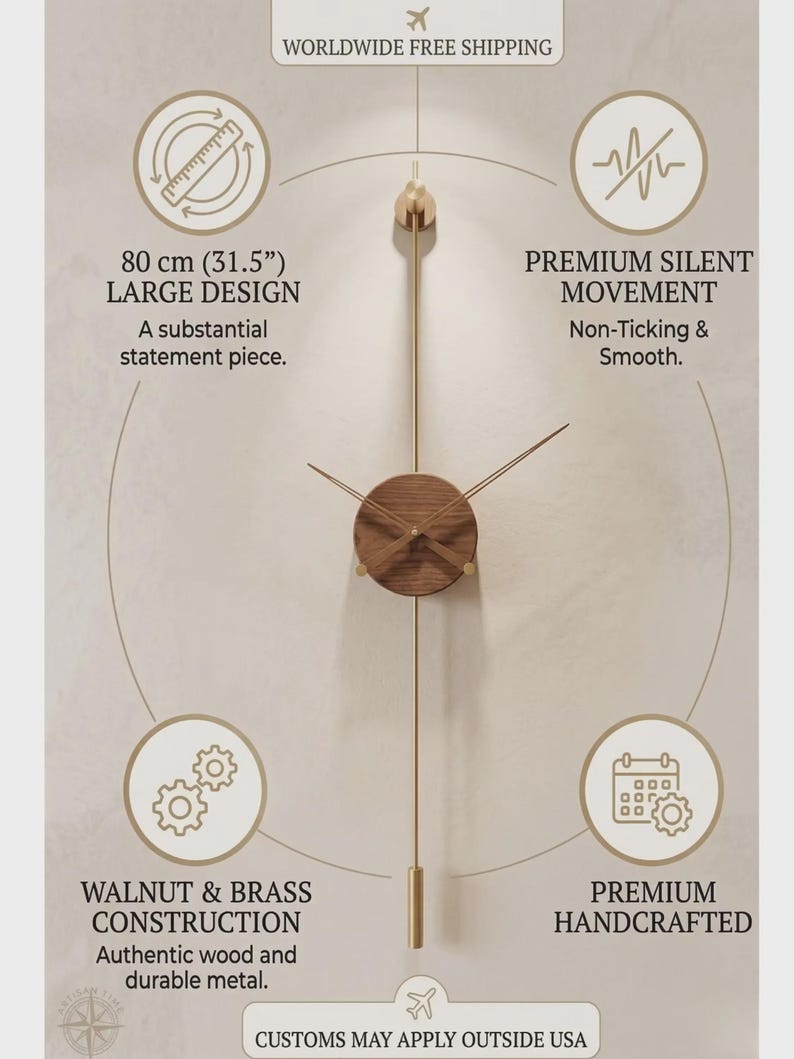 May include: A modern wall clock with a walnut wood face and brass accents. The clock is 31.5 inches in diameter and features a silent movement. The design includes the text "WALNUT & BRASS CONSTRUCTION" and "PREMIUM HANDCRAFTED".