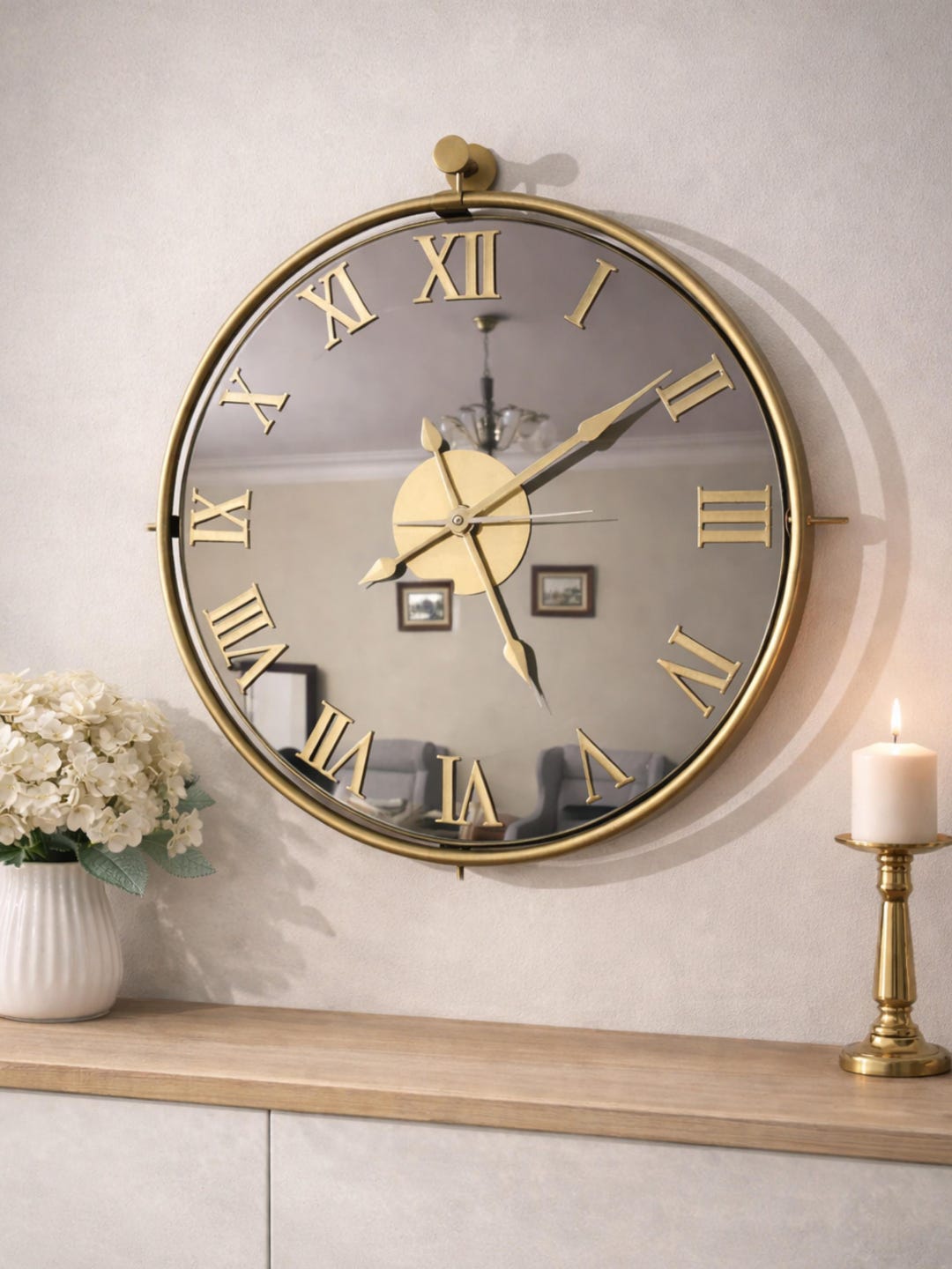 24 Inch Gold Mirror Wall Clock Large Metal Frame Roman Numerals Luxury ...