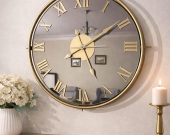 24 inch gouden spiegel wandklok groot metalen frame Romeinse cijfers luxe decor