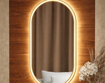 Espejo de pared LED ovalado grande dorado de 40 pulgadas, funciona con pilas, tocador moderno, decoración del hogar