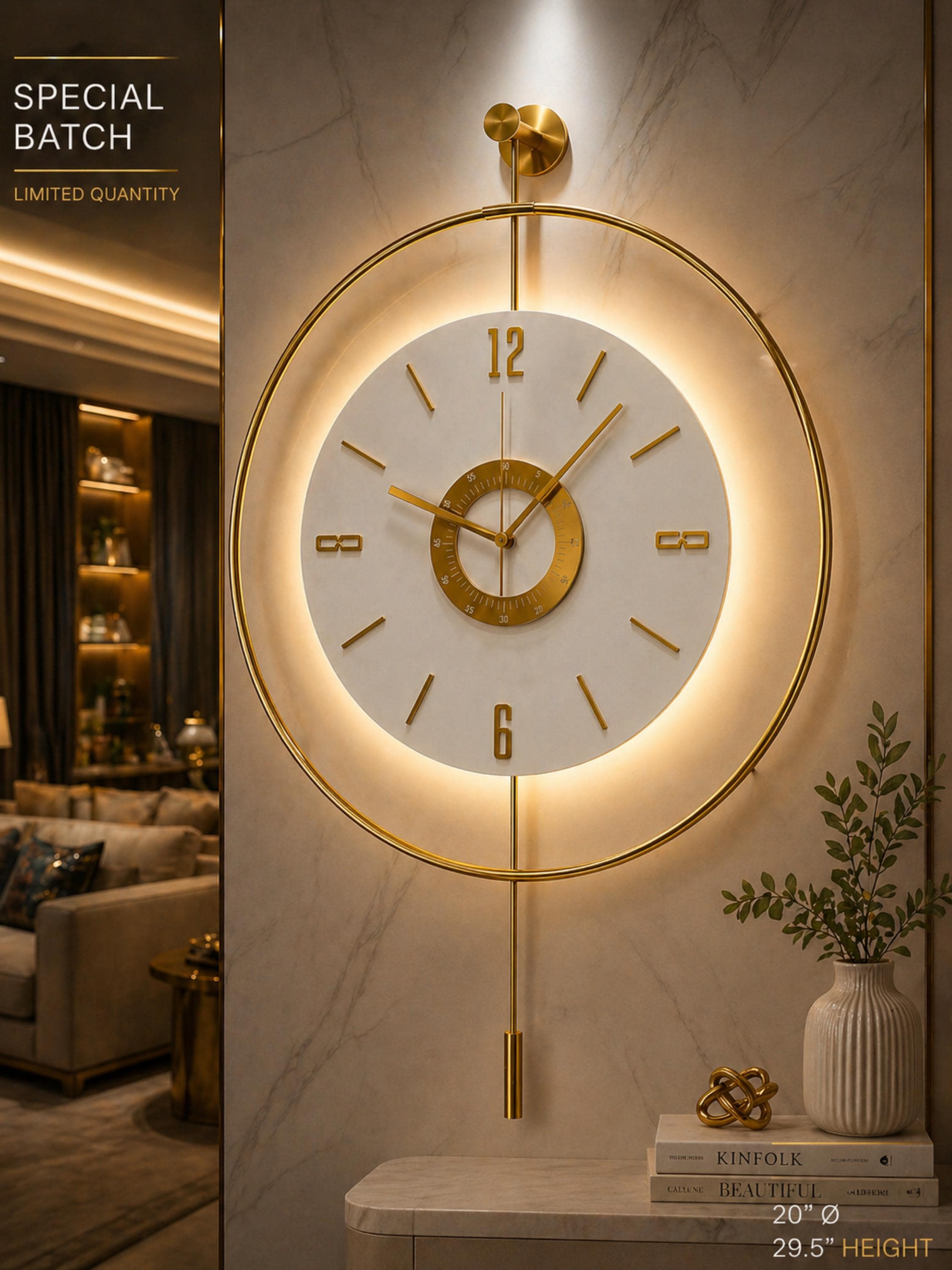 Large Gold Wall Clock, Modern Metal Ring Design, Silent Quartz, Luxury ...
