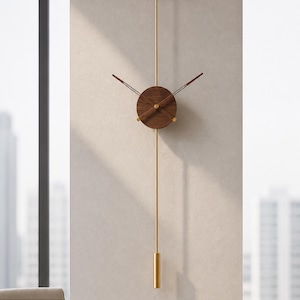 Reloj de pared moderno grande de 79 cm (31 pulgadas) con péndulo, de madera y metal, estilo minimalista escandinavo, silencioso y lujoso.