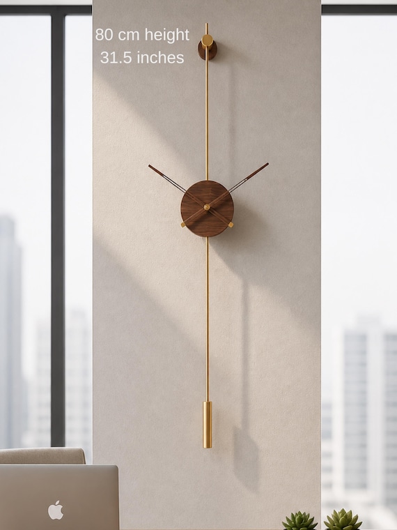 Large Modern Wall Clock 31 Inch Pendulum Wood Metal Minimalist Scandinavian Silent Luxury Decor