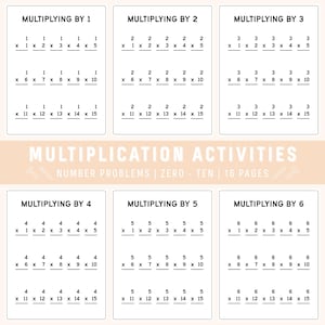 May include: A set of multiplication activity worksheets with number problems from zero to ten. Each worksheet features a different multiplication table, with problems arranged for practice. The worksheets are designed for educational use.